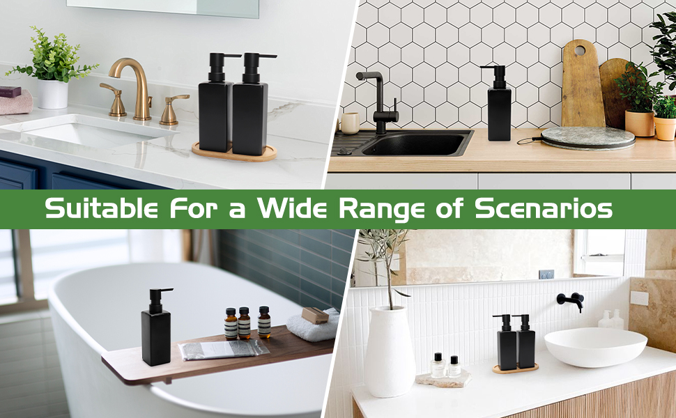 Ensemble de distributeurs de savon noirs présentés dans différents décors de salle de bain et de cuisine. Design polyvalent adapté à différents styles de décoration et espaces de comptoir.