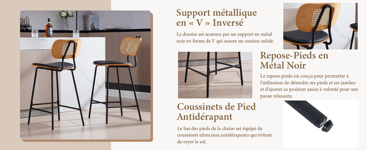avec assise en rotin et structure en m�tal noir, avec sp�cifications techniques et d�tails de montage en texte fran�ais.