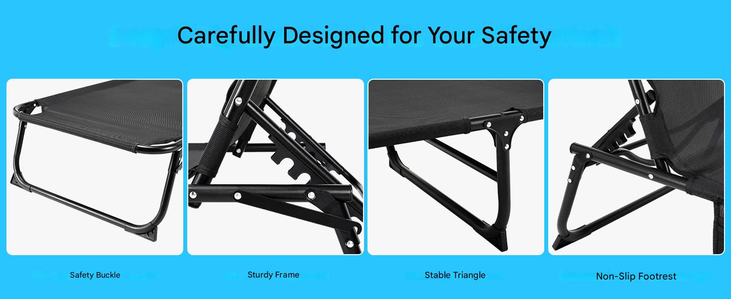 Text reads 'Carefully Designed for Your Safety' followed by sequential diagrams showing folding mechanism stages of an adjustable product.