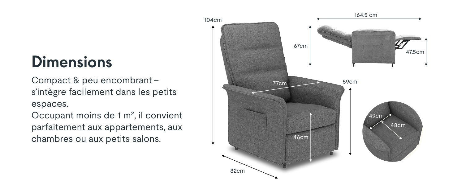 Schéma montrant les dimensions d'un fauteuil inclinable compact. Les mesures incluent 104 cm de hauteur, 67 cm de largeur, 82 cm de profondeur et 164 cm