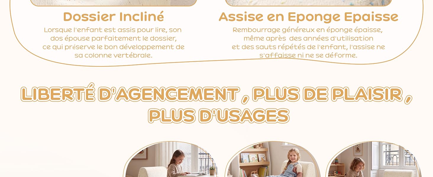 Le texte se lit comme suit : « Dossier recueil », « Assise en éponge épinoise », « LIBERTÉ D'AGENCEMENT, PLUS DE PLAISIR, PLUS D'USAGES ». Trois photos de produits circulaires montrant des meubles et des articles de maison sous le texte.