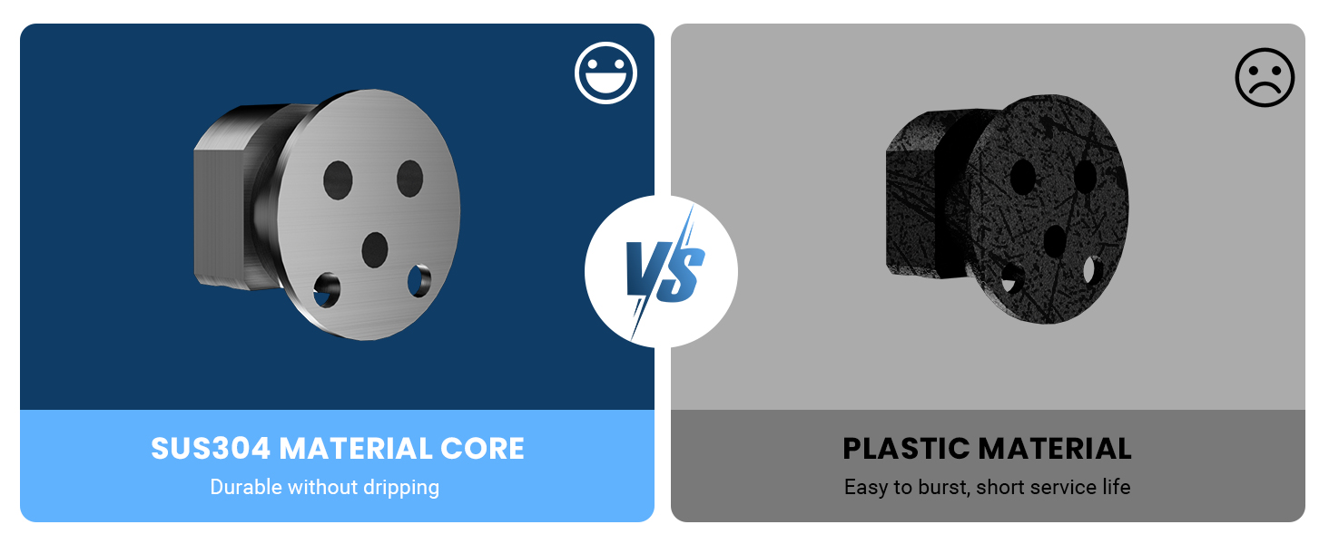 Comparison of two electrical plugs: left blue 'SU304 material core' and right gray 'plastic material', highlighting different materials used in construction.