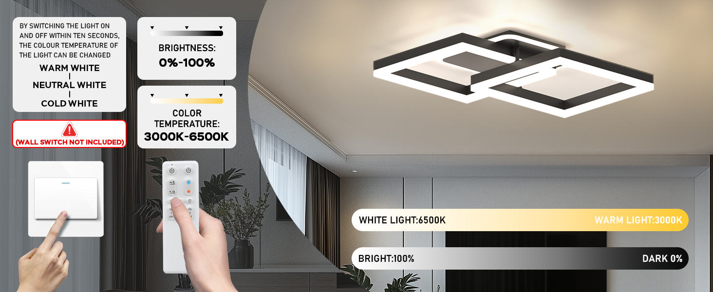 Modernes Rauminterieur mit quadratischer LED-Deckenleuchte. Handbedienbares, an der Wand montiertes Touchscreen-Bedienfeld. Es werden mehrere Benutzeroberflächenbildschirme angezeigt