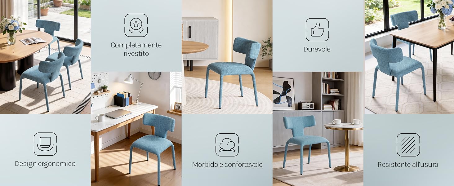 Serie di prototipi di interfaccia digitale che mostrano impostazioni minimaliste dello spazio di lavoro con configurazioni di computer e mobili, presentati in una combinazione di colori blu chiaro con sovrapposizioni di icone.