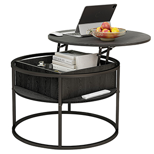 Runder schwarzer Couchtisch mit Hebefunktion und offenem Staufach. Gestell aus Metall und holzähnliche Oberfläche