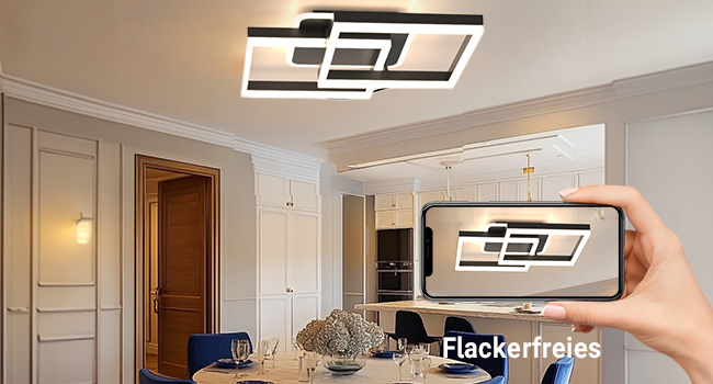 Rechteckige LED-Deckenleuchte mit geometrischem Design. Smartphone in der Hand, demonstriert die Steuerung des Lichts über eine App