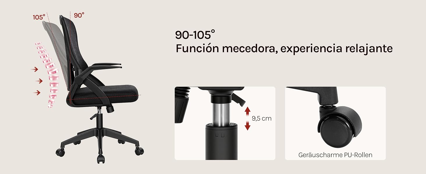 El texto dice «90-120°» y «Función mecedora, experiencia relajante». Se muestra la silla de oficina ergonómica con respaldo de malla y función de balanceo, con mecanismos ajustables de altura e inclinación resaltados.