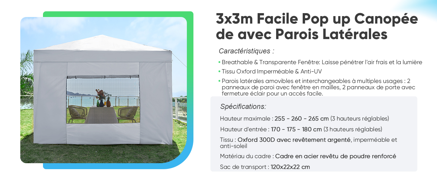 Le texte indique « Canapée escamotable Poche de 53 mm avec parois latérales ». Vues multiples d'une tente à baldaquin escamotable grise en extérieur.