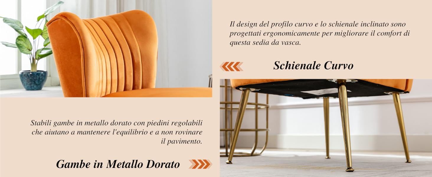 Sedia imbottita arancione con schienale curvo e design a coste. Tavolino da caffè abbinato con piano in legno curvato e gambe in metallo dorato. Entrambi i pezzi presentano mobili in stile moderno della metà del secolo