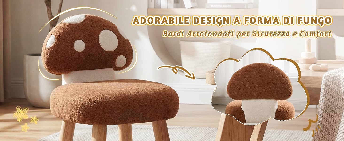 Il testo recita «ADORABLE DESIGN A FORMA DI FUNGO». Poggiapiedi o pouf marroni a forma di fungo con motivo a pois bianchi mostrato in più viste.