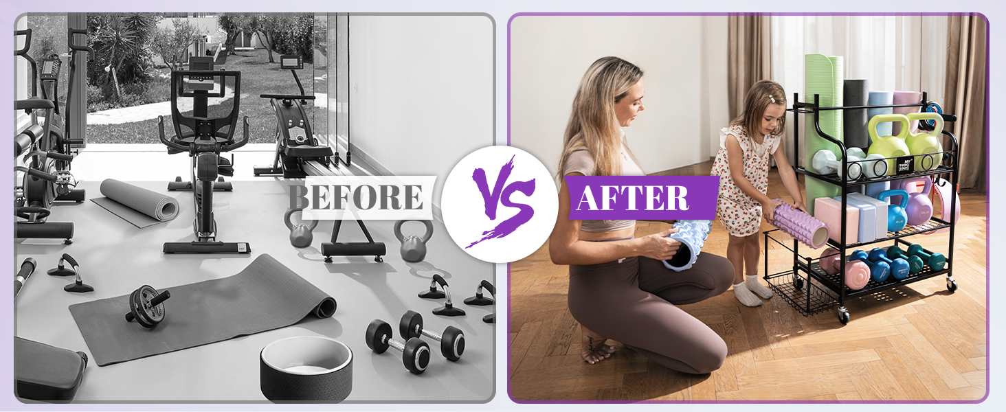 Vergleich des Fitness-Setups vor und nach dem Heimtraining. Links zeigt überfüllte Geräte, rechts ein organisiertes Rack mit Fitnesszubehör und zwei Personen, die in einem Wohnzimmer trainieren