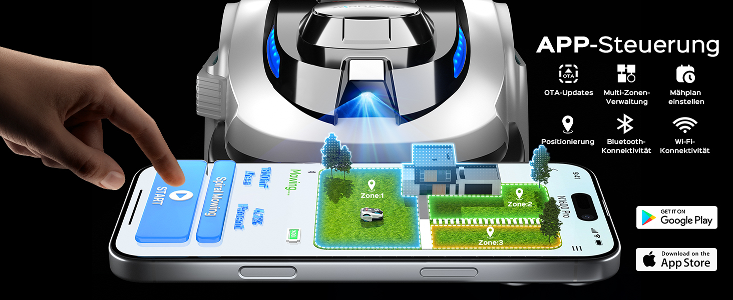 Der Text lautet „APP-Steuerung“. Demonstration der Benutzeroberfläche einer mobilen App mit verschiedenen Steuerbildschirmen und Smart-Home-Funktionen.