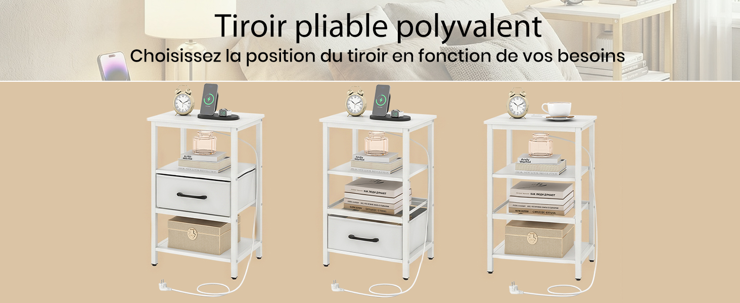 Le texte indique « Tiroir pliable polyvalent ». Démonstration du produit montrant un meuble de rangement à tiroirs réglables en blanc, présenté dans différentes options de configuration avec plusieurs étagères.