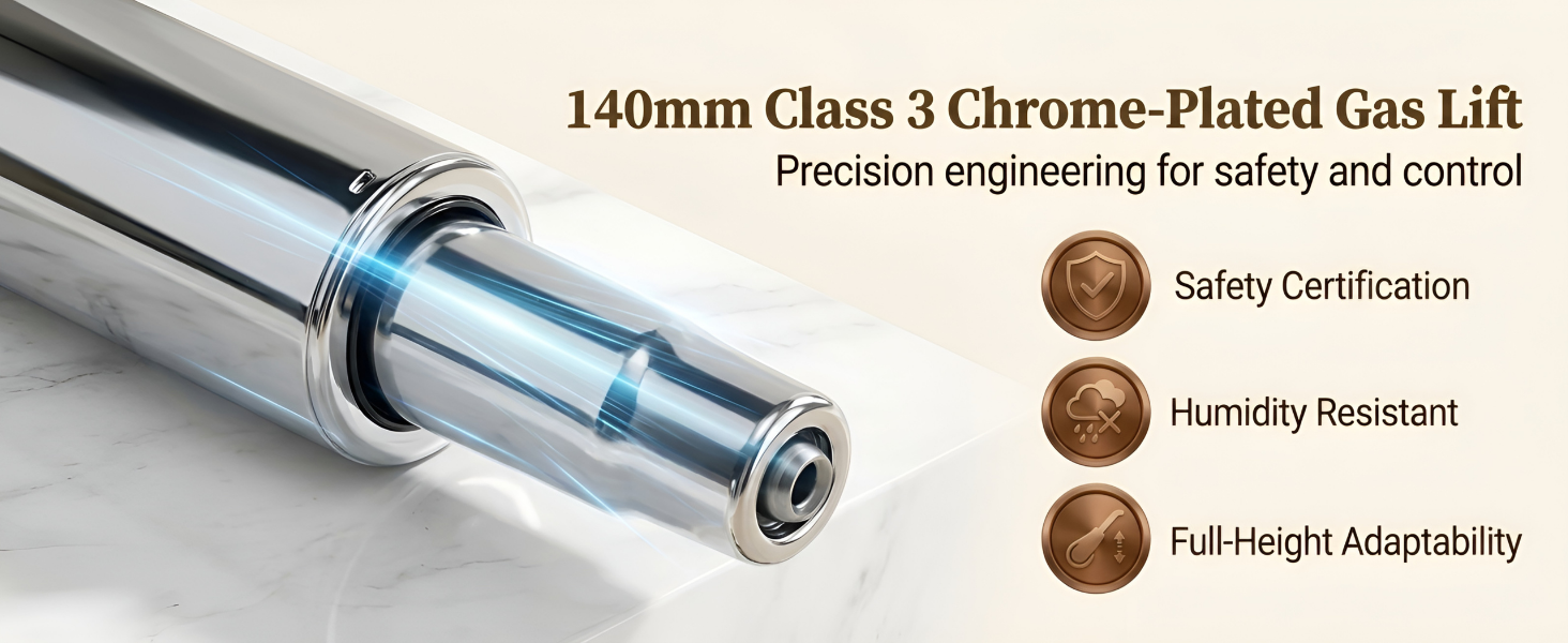 Text reads '140mm Class 3 Chrome-Plated Gas Lift' and 'Precision engineering for safety and control'. Product features shown with icons for Safety Certification, Humidity Resistant, and Full-Height Adjustability.