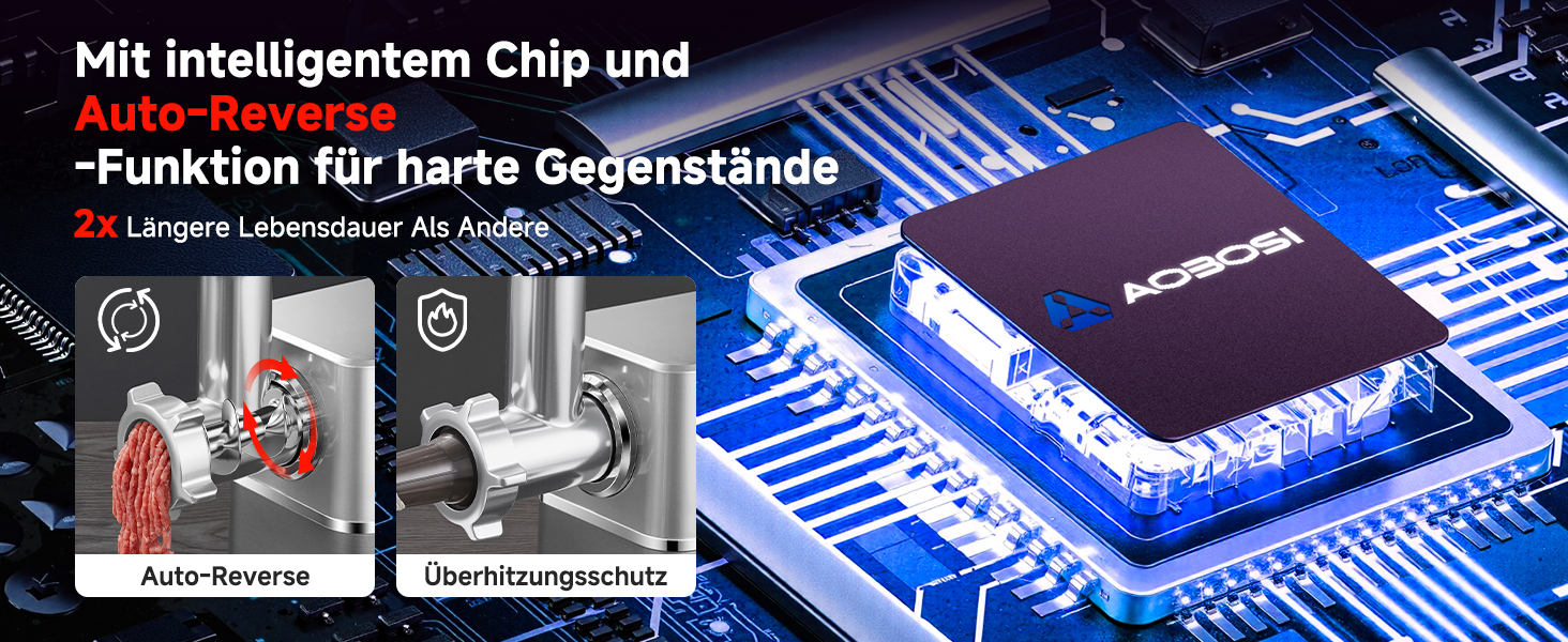 Der Text lautet „Mit intelligentem Chip und Funktion für kurze Gegenstände“. Werbebanner mit Leiterplattendesign auf blauem Hintergrund mit Farbverlauf und Bildern von Produktkomponenten.