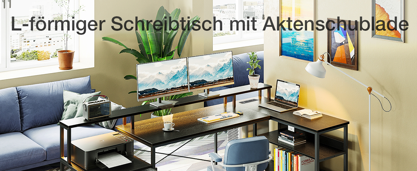 L-förmiger Eckschreibtisch mit Glasoberfläche, eingebauten Ablagefächern, Computerarbeitsplatz und Dekorationsgegenständen in einer modernen Heimbüroumgebung