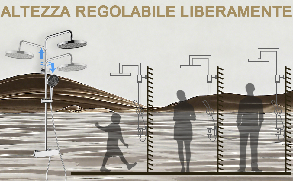 Il testo recita 'ALTEZZA REGOLABILE LIBERAMENTE'. Illustrazioni di sagome in scala di grigi che mostrano diverse posizioni di altezza delle figure utilizzando quello che sembra essere un dispositivo regolabile.