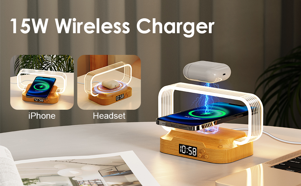 Lámpara de mesa de noche pequeña con cargador inalámbrico