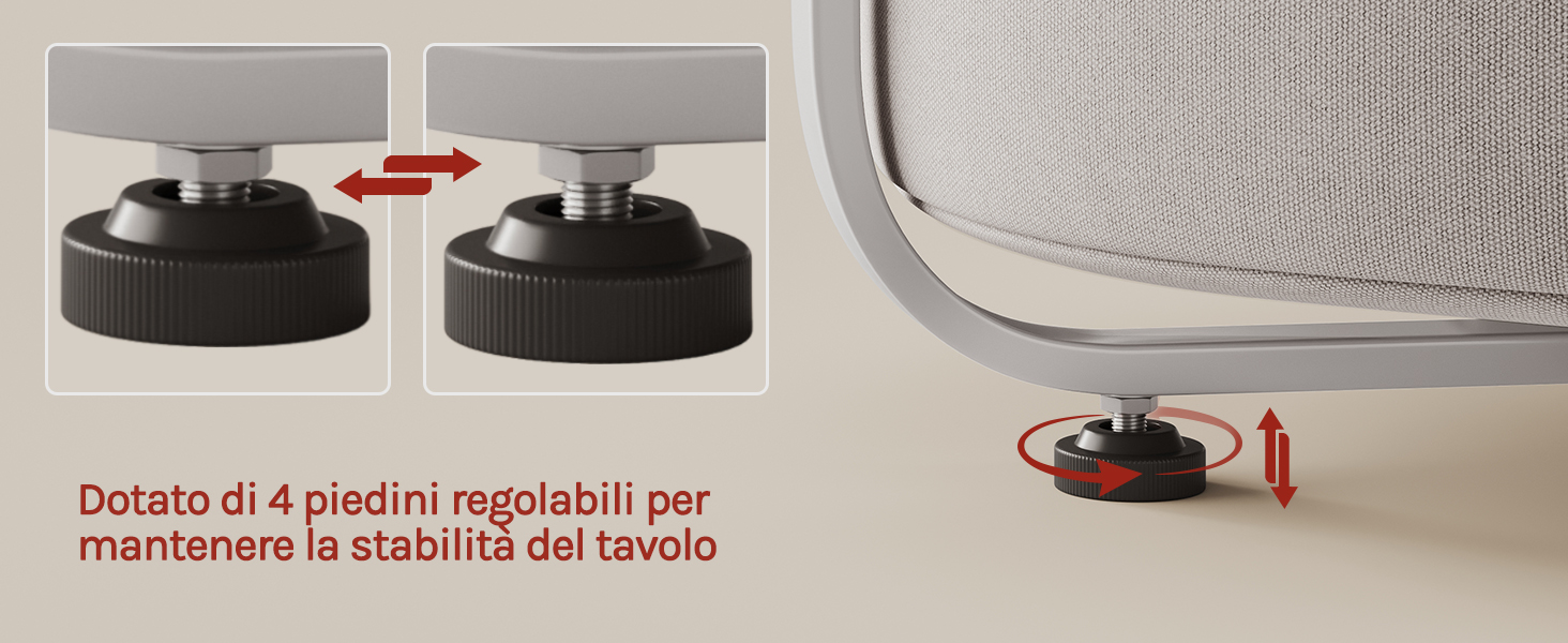 Il testo recita: 'Dotato di 4 piedini regolabili per mantenere la stabilità del tavolo'. Immagini del prodotto che mostrano piedini o stabilizzatori regolabili con frecce che indicano il movimento.