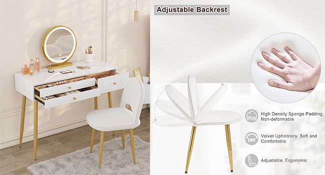 White vanity table with mirror, drawer, and chair. Features include adjustable backrest, soft-close drawer, and ergonomic design for comfortable seating.