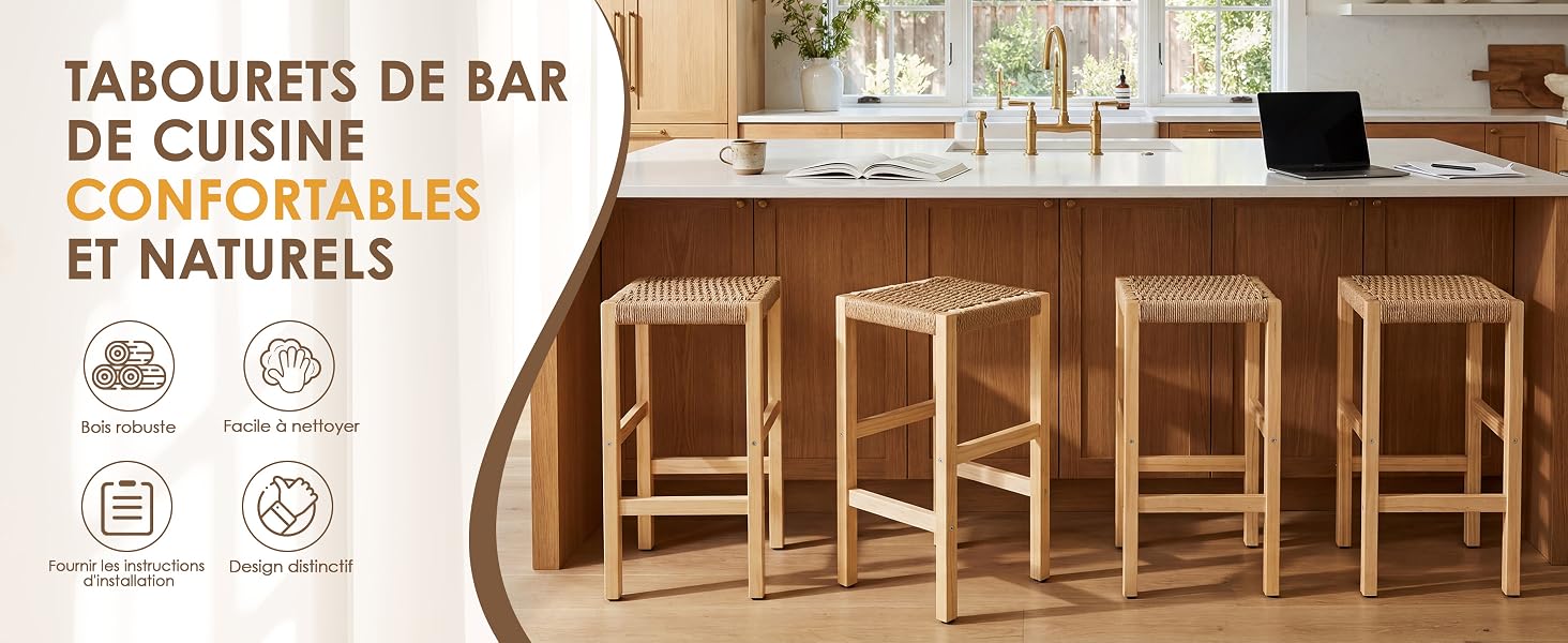 Le texte se lit comme suit : « TABOURETS DE BAR CONFORTABLES ET NATURELS ». Photos intérieures montrant des tabourets de bar en bois dans un restaurant ou un café avec éclairage naturel.