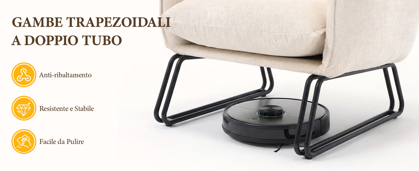 Il testo recita «GAMBE TRAPEZOIDALI A DOPPIO TUBO» con tre icone etichettate «Anti-ribaltamento», «Resistente e Stabile», «Facile da Pulire». Presenta un trampolino in metallo nero con gambe trapezoidali a doppio tubo e base centrale scura.