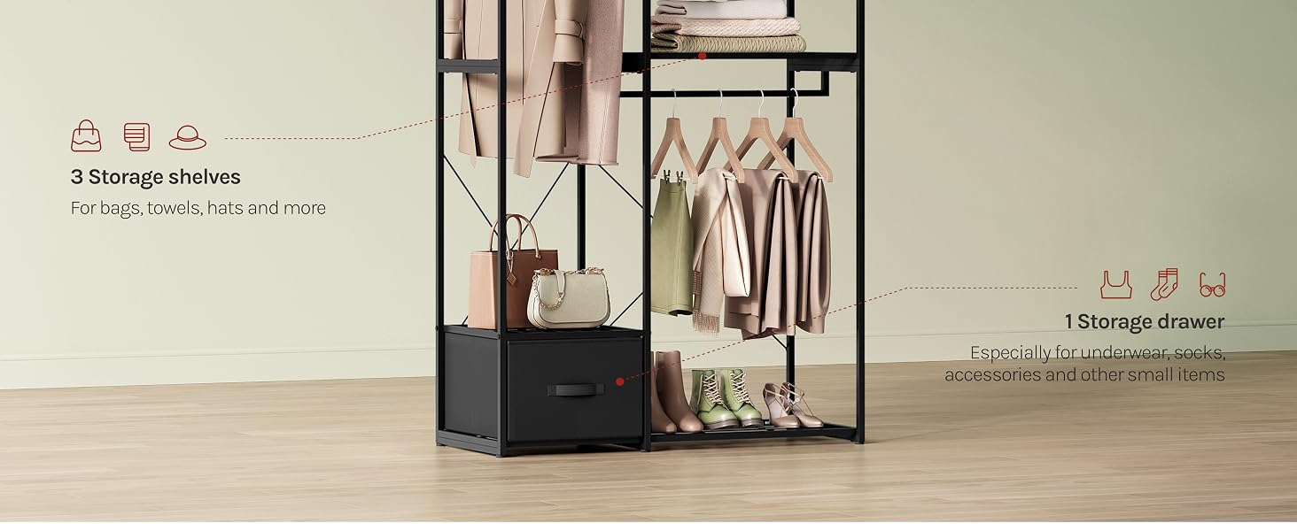 Black metal clothing display rack with glass top shelf containing hanging clothes on rods. Text visible includes storage/organization product labeling in minimal design.