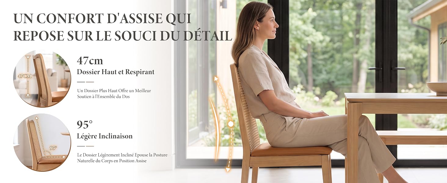 Le texte indique « UN CONFORT D'ASSISE QUI REPOSE SUR LE SOUTIEN DU DETAIL » avec les spécifications du produit en français. Gros plan montrant la texture du tissu beige/beige et les détails de construction des sièges.