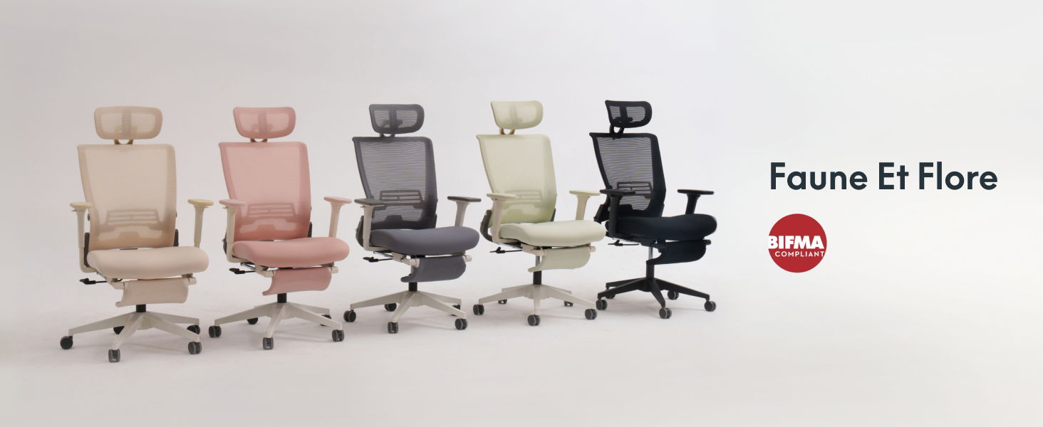 Cinq chaises de bureau ergonomiques de différentes couleurs (beige, rose, gris, crème, noir) avec appuie-tête et éléments réglables. Collection de la marque Faune Et Flore.