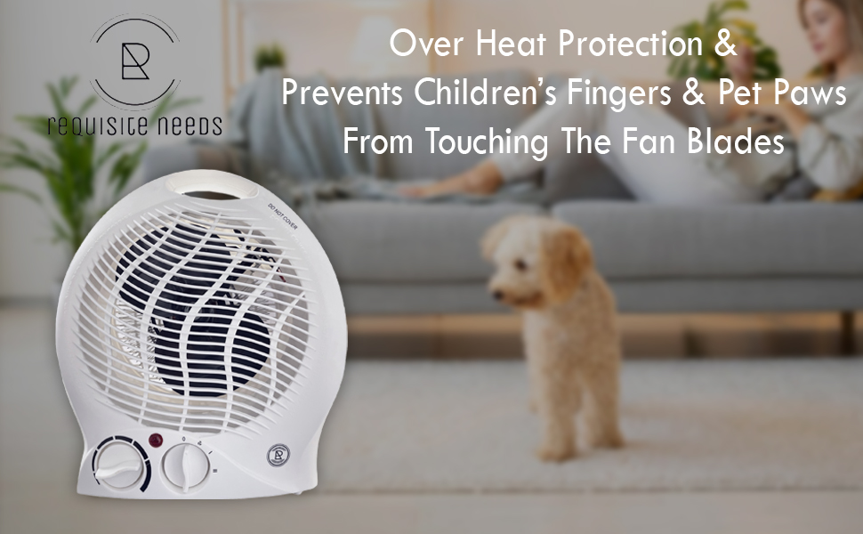 White electric fan heater with safety features. Text highlights over-heat protection and prevention of children's fingers and pet paws from touching fan blades.
