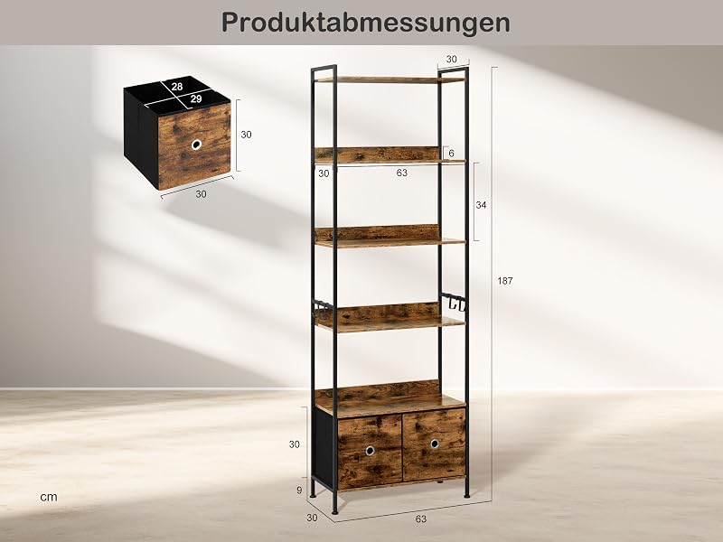 Diagramma delle dimensioni del prodotto che mostra una libreria in legno e metallo con cinque ripiani e cassetto inferiore, comprese le misure in stile disegno tecnico