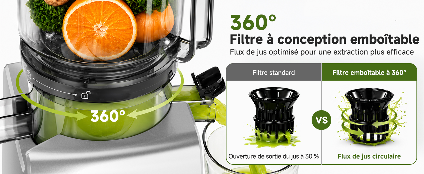 Le texte indique « Filtre à conception emboîtable à 360° » et « 360° ». Un dispositif de filtration de boissons cylindrique vert citron illustré avec des tranches d'agrumes oranges, un ensemble de filtres noirs et des schémas de produits affichant la capacité d'empilage et les détails des mesures.