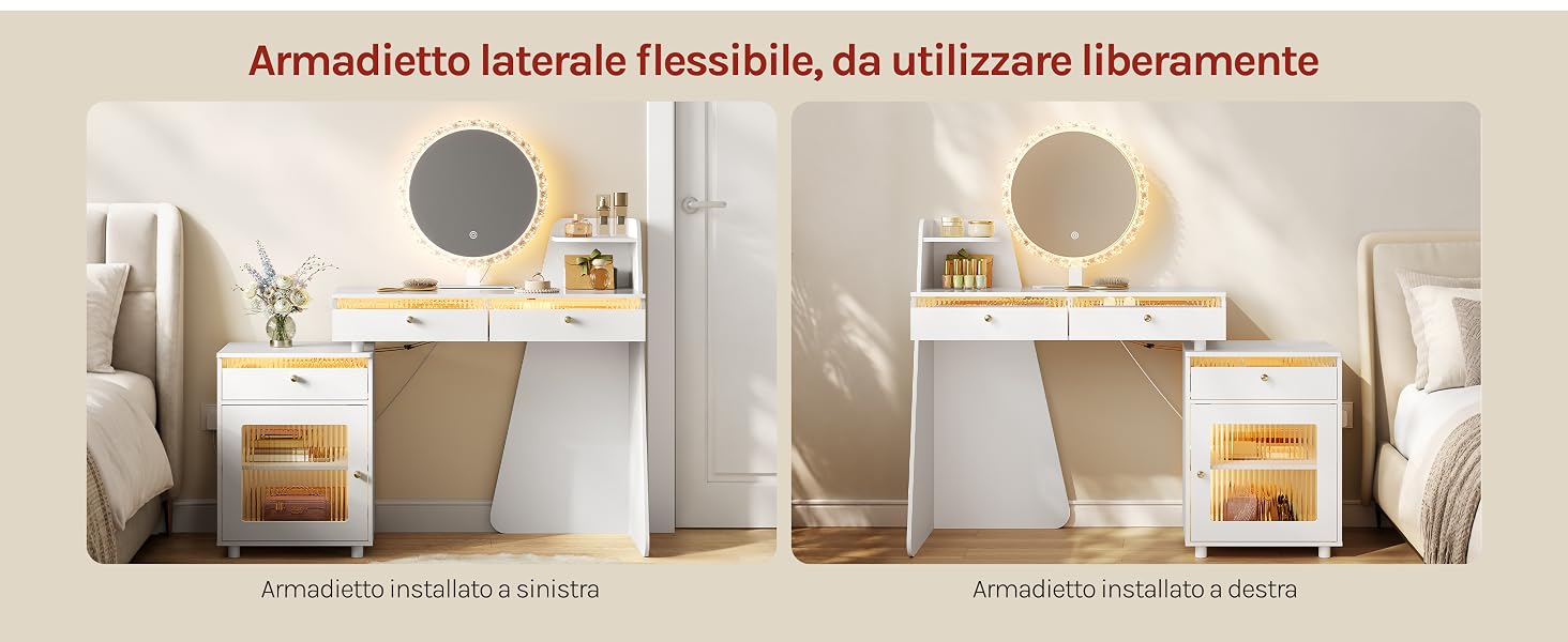 Il testo recita «Armadetto labile flessibile, da utilizzare liberamente» con un piccolo testo aggiuntivo in basso. Due ambienti interni affiancati che mostrano scrivania con altoparlante, piante e arredi in toni neutri.