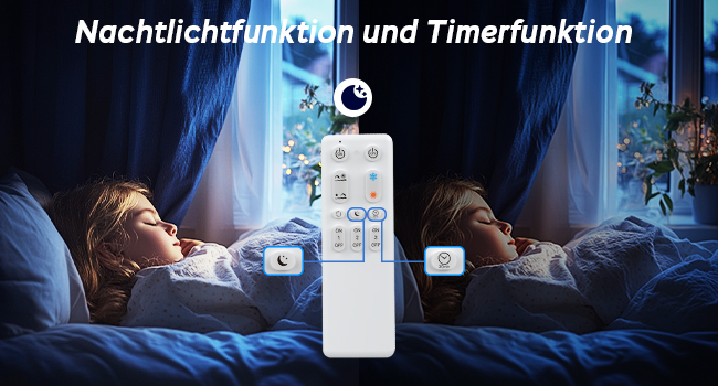 Produktschnittstelle mit Nachtlicht- und Timerfunktionen, mit geteiltem Bild, das die Beleuchtungseinstellungen des Schlafzimmers zeigt.