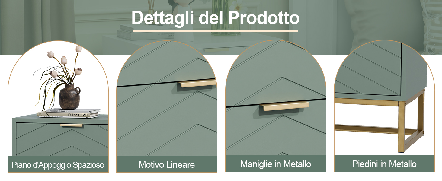 Il testo recita 'Dettagli del Prodotto'. Immagini multiple che mostrano componenti di mobili verdi e dettagli di assemblaggio su sfondo bianco.