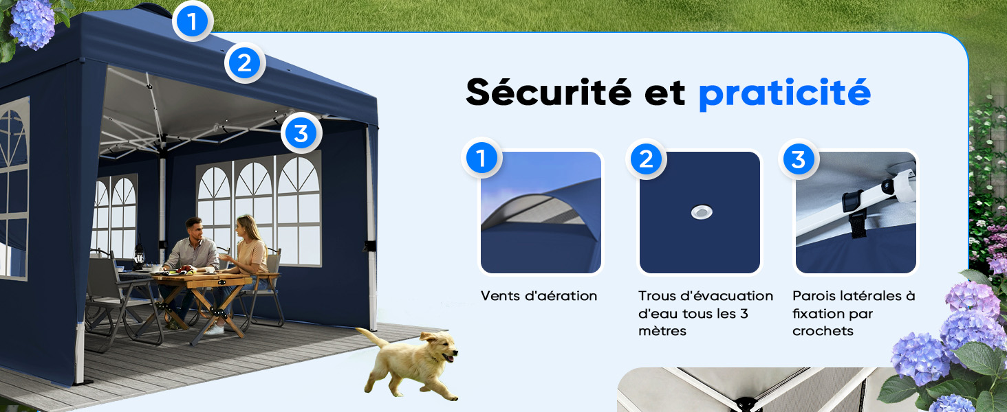 Le texte se lit comme suit : « Sécurité et protégée ». Collection d'images de démonstration de la sécurité des produits montrant les caractéristiques des flotteurs de natation pour bébés et les directives d'utilisation.