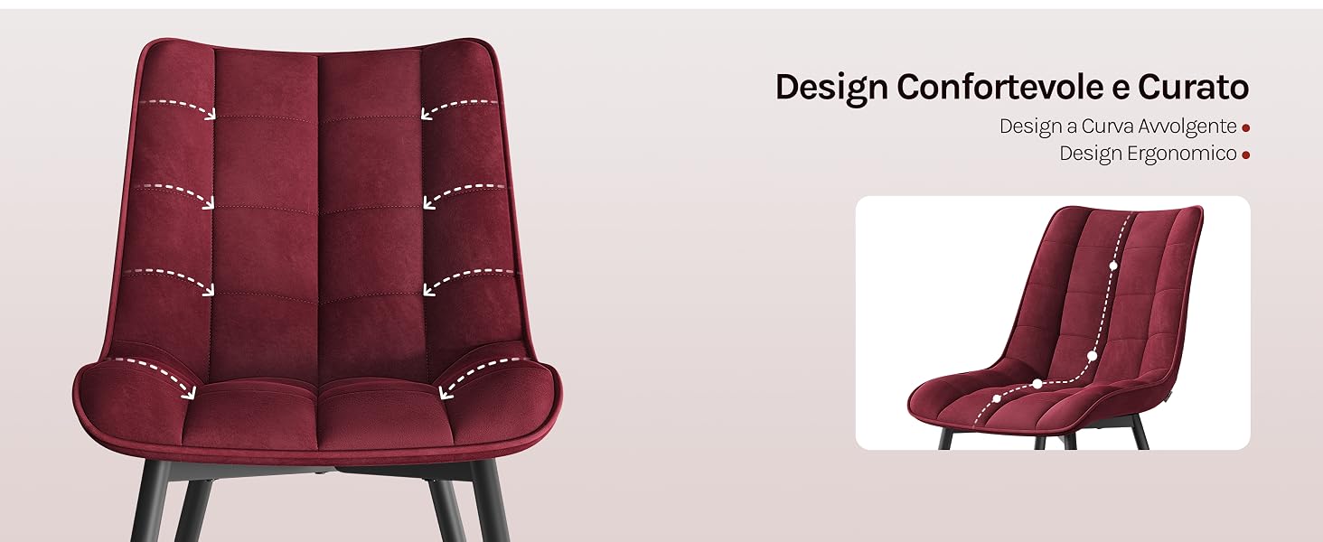 Il testo recita «Design Confortevole e Curato». Viste multiple di una sedia imbottita color bordeaux con diverse angolazioni e posizioni.