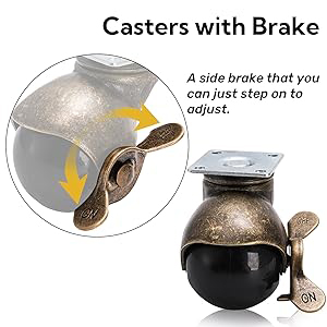 Text reads: 'Casters with Brake'. Technical diagram showing detailed views of a caster wheel brake mechanism with arrows indicating movement and functionality.