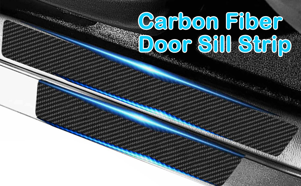 Text reads 'Carbon Fiber Door Sill Strip'. Close-up of black carbon fiber textured door sill protector with blue accent line running through it.