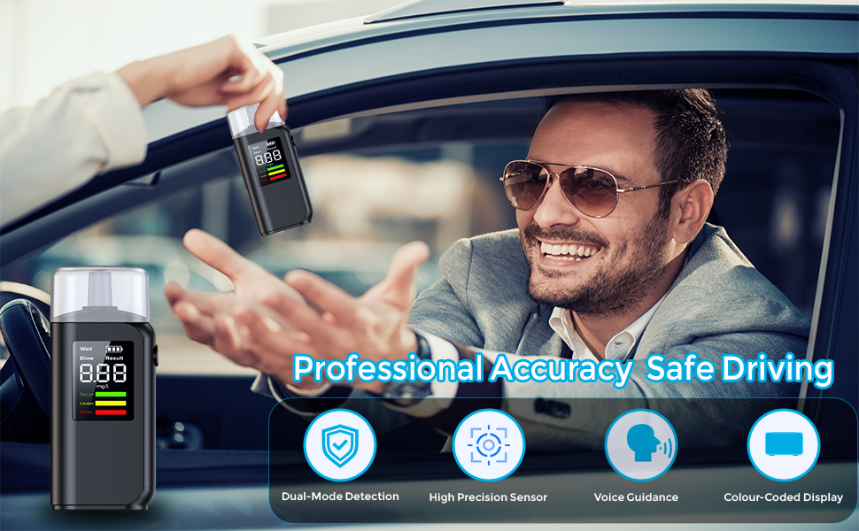 Text reads 'Professional Accuracy Safe Driving'. Dashboard display with icons for dual-mode detection, high precision sensor, front camera, and color-coded display.