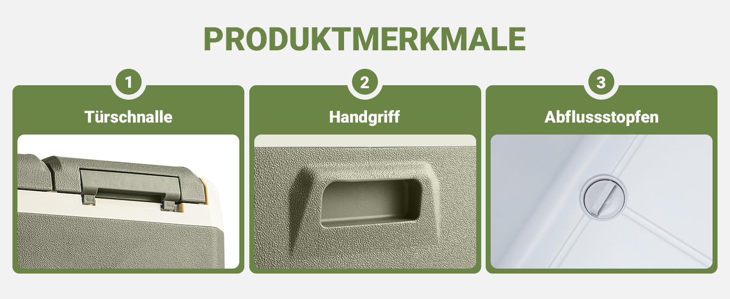 Trois schémas des caractéristiques du produit illustrant le mécanisme à ressort d'une porte, l'installation de la poignée et les composants du bouchon de fermeture dans un schéma d'instructions techniques.