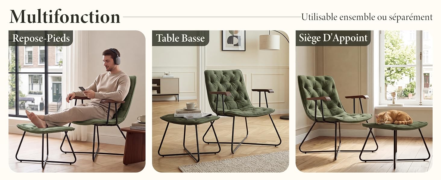 Le texte indique « Multifonction », « Coussin inclinable », « Table Range », « Stage D'Appuom », « USB4Déconfortable-Spécifique ». Trois photos de style de vie montrant des fauteuils rembourrés dans divers décors intérieurs.