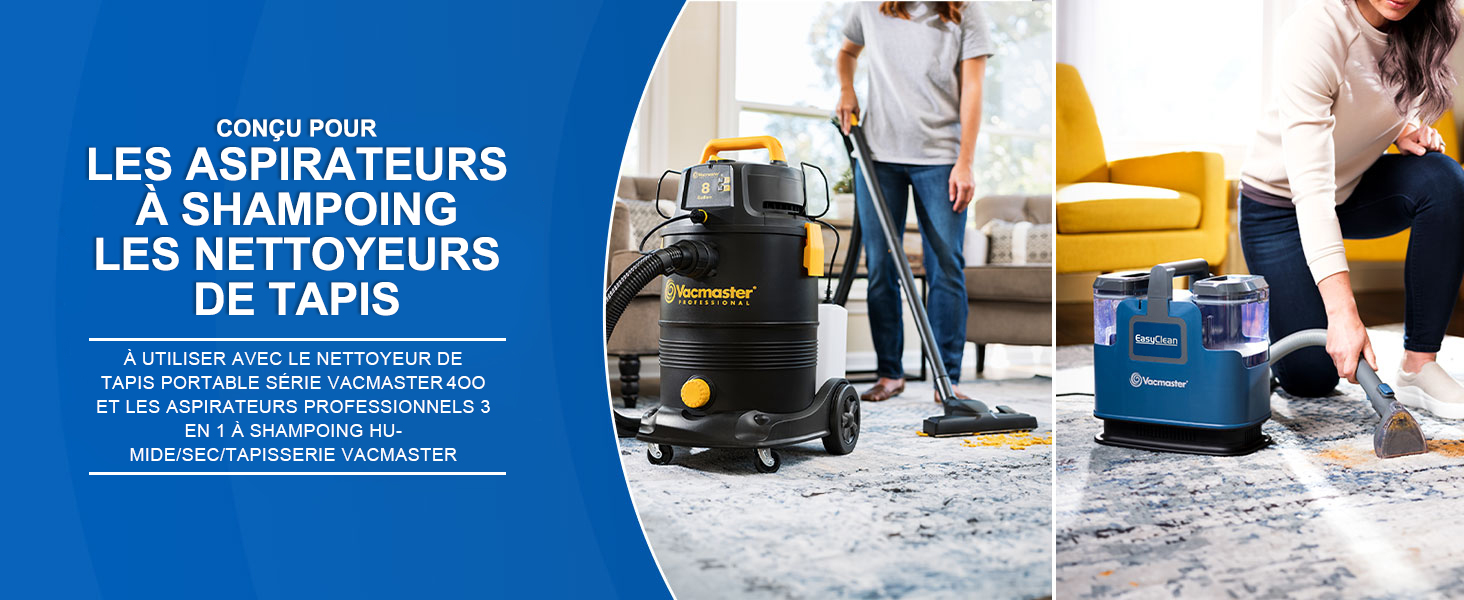 Publicité pour les aspirateurs et les nettoyeurs de tapis. Montre une personne utilisant un aspirateur vertical sur un tapis à côté d'un aspirateur-cartouche