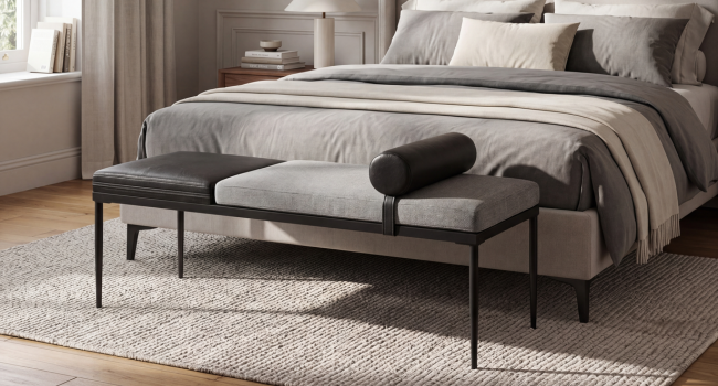 Modern bedroom furniture set featuring a gray upholstered bed with beige bedding and decorative pillows, paired with a black metal frame bench with gray cushioned seating positioned at the foot of the bed on a light area rug.