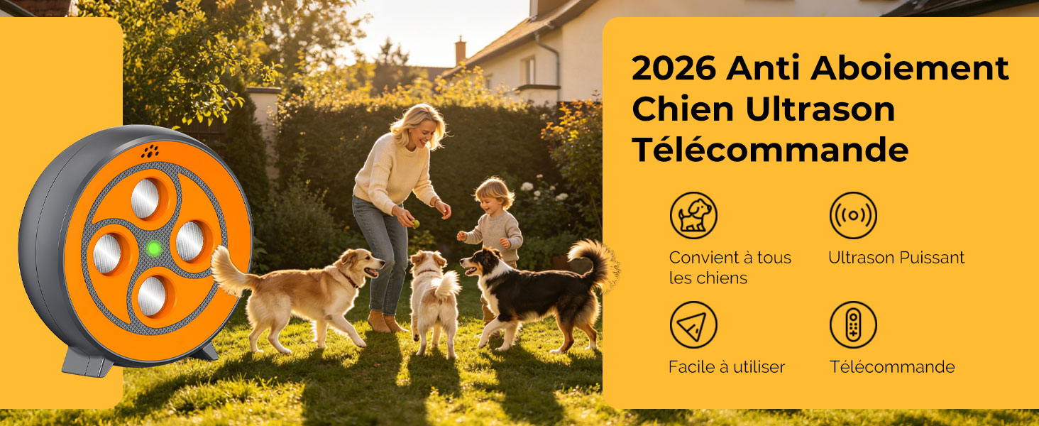 Le texte indique « 2026 Anti Aboiement », « Chien Ultrason », « Télécommande » avec une coche et des symboles X. Appareil de dressage de chiens anti-aboiement jaune avec télécommande affichée sur fond extérieur avec chien.