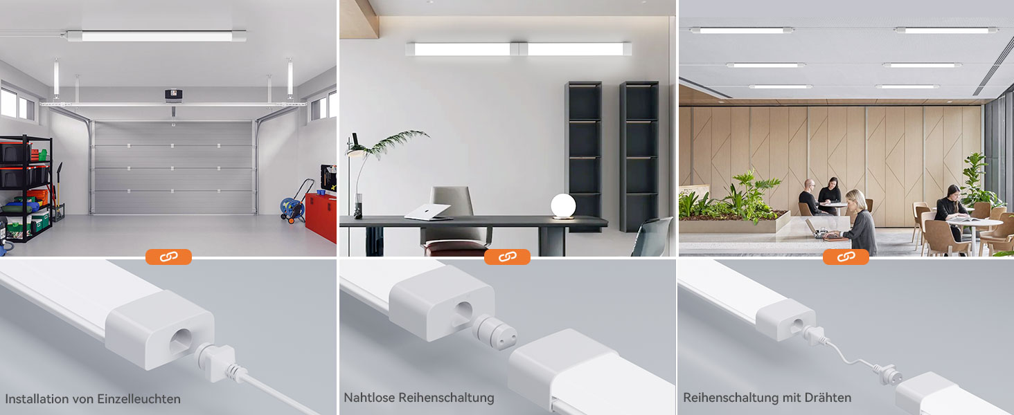 Drei Paneele, die leere bis hin zu möblierten modernen Büroräumen mit weißen Wänden, Glastrennwänden und modernen Möbelinstallationen zeigt