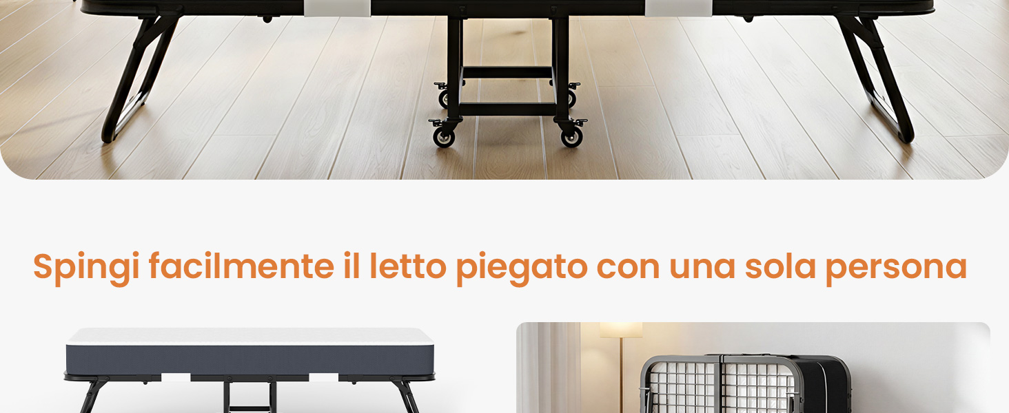 Il testo recita «Spingi facilmente il letto piegato con una sola persona». Viste multiple di un giroletto pieghevole con ruote che mostrano il processo di assemblaggio e movimento.