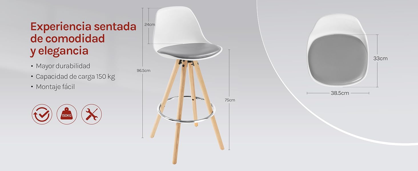 de tela gris con patas de madera. Cuenta con asiento, respaldo y reposapiés acolchados. El diagrama muestra las dimensiones: 39,4 pulgadas de alto, 18,5 pulgadas de ancho del asiento. Los íconos indican una cómoda experiencia al sentarse
