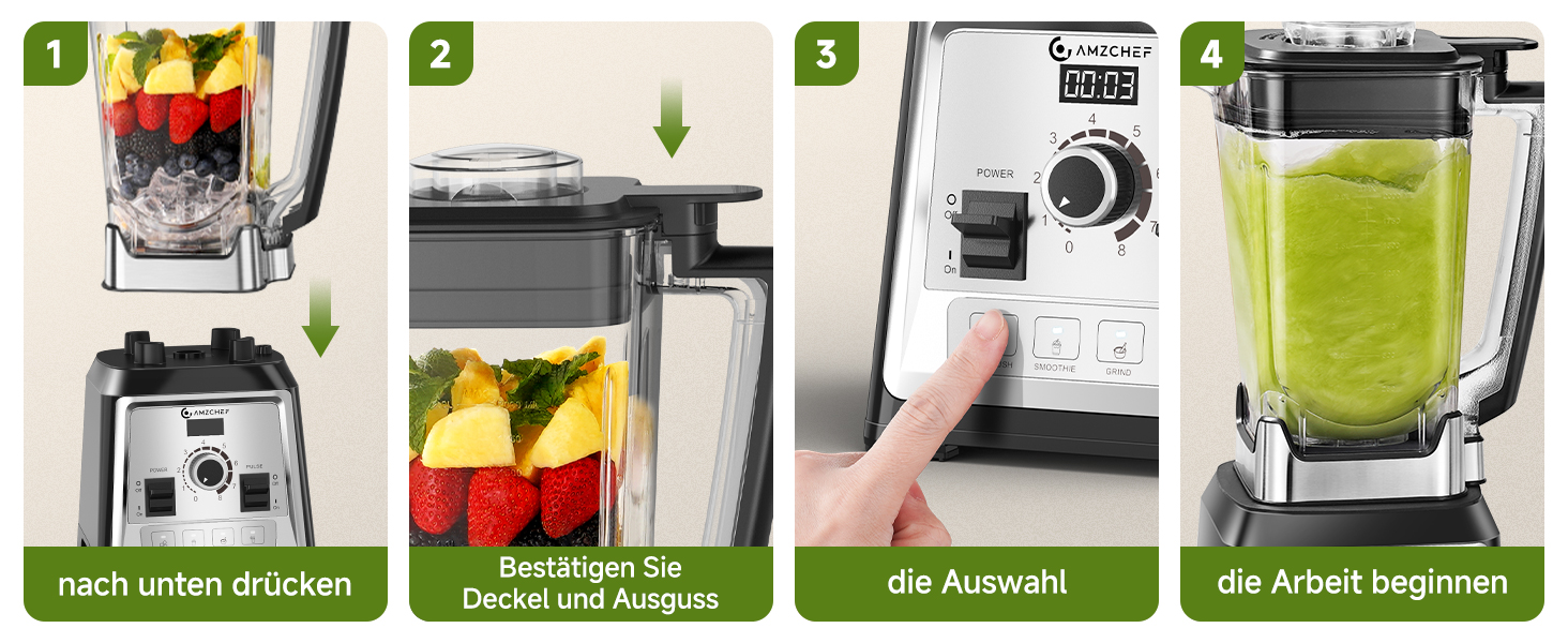 Eine schrittweise Anleitung zur Montage und Verwendung einer Küchenmaschine oder eines Mixers, einschließlich der Befestigung der Teile und der Demonstration der Lebensmittelverarbeitung.