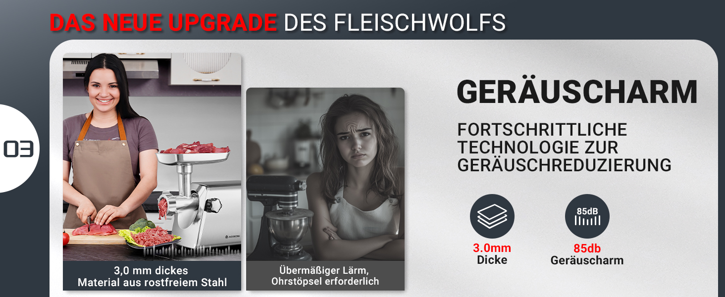 Deutsche Produktwerbung zur Präsentation von Geräuschreduzierungstechnologien mit technischen Spezifikationen und Demonstrationsbildern in einem Rasterlayout